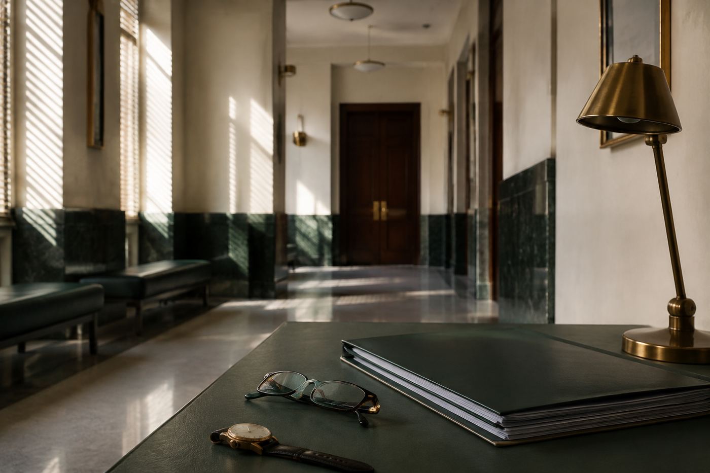 Pasillo de un edificio judicial y expediente cerrado sobre una mesa, representación de la espera durante un proceso